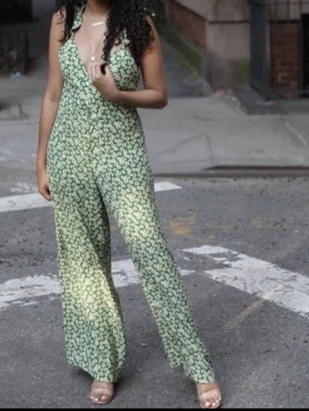 Zara Green Floral Halter Wide-Leg Jumpsuit